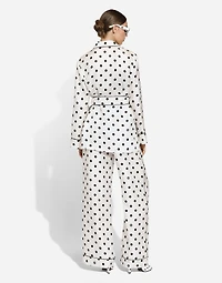 Long-sleeved silk pajama shirt with polka-dot print