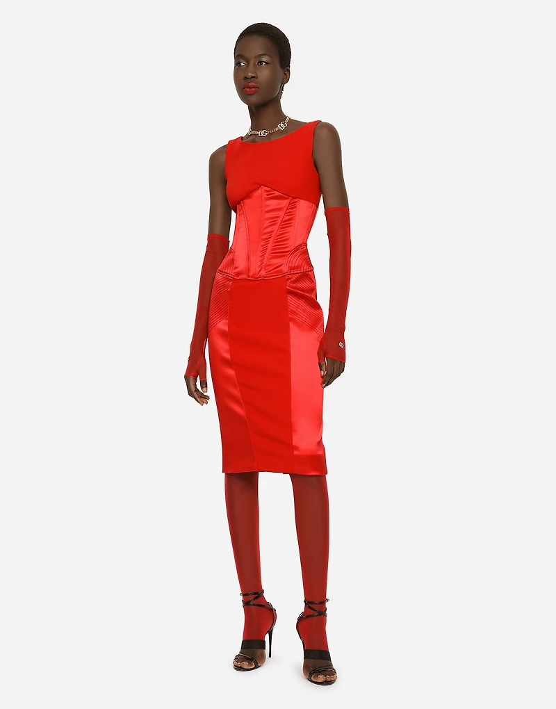 Satin and cady calf-length dress