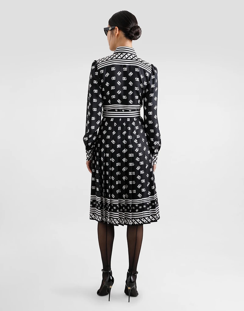 Twill calf-length shirt dress with all-over DG logo scarf print