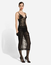 Calf-length stretch Chantilly lace slip dress