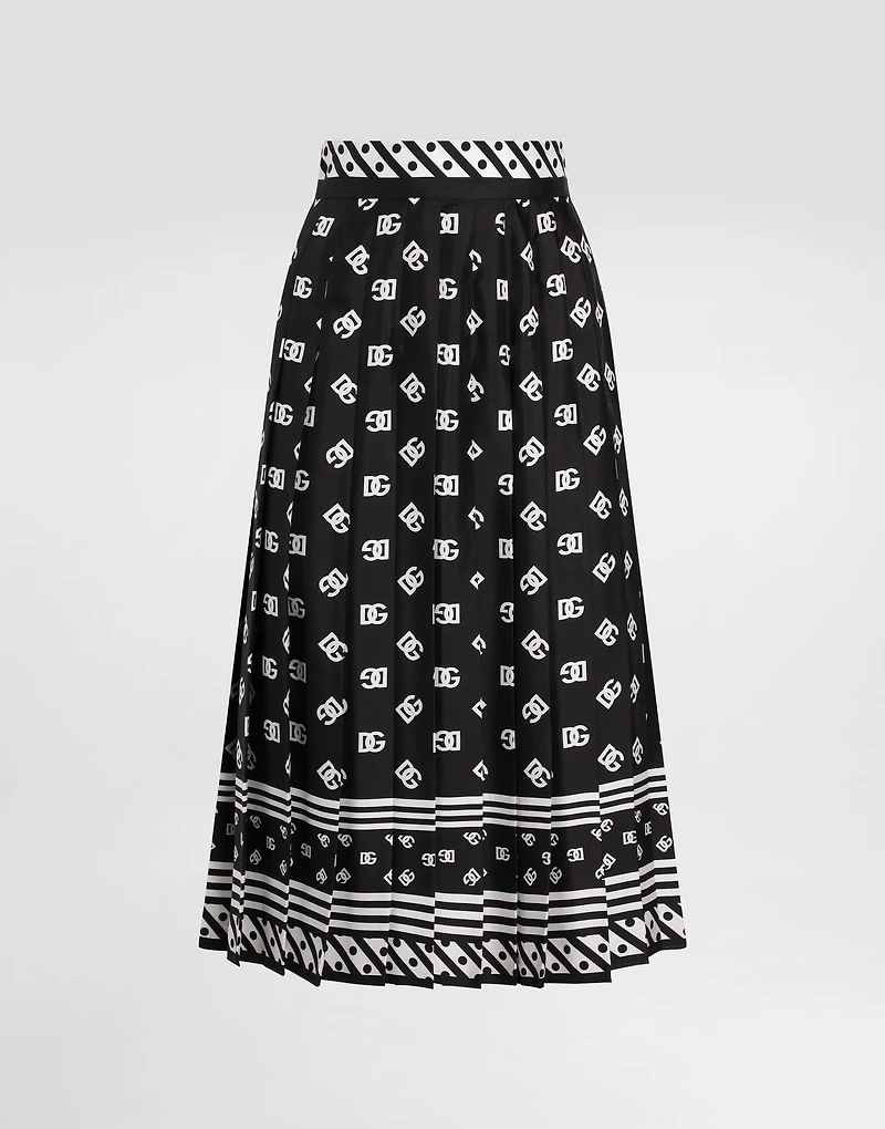 Pleated silk twill calf-length skirt with all-over DG logo scarf print