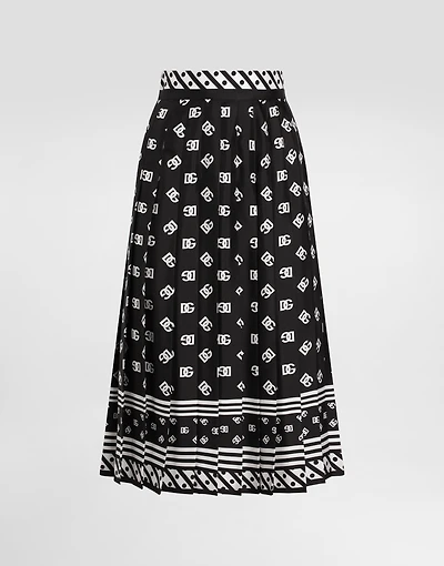 Pleated silk twill calf-length skirt with all-over DG logo scarf print