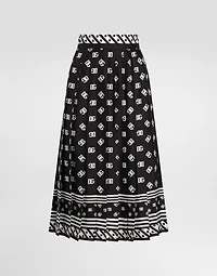 Pleated silk twill calf-length skirt with all-over DG logo scarf print