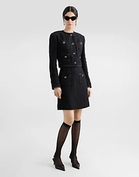 Short raschel tweed A-line skirt with bejeweled buttons