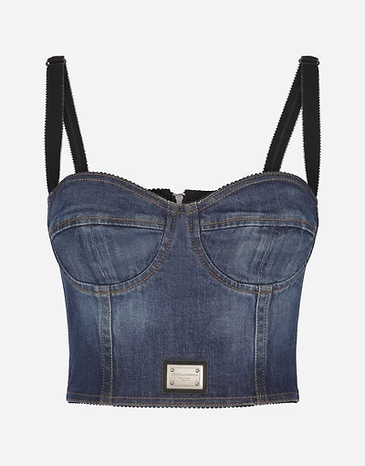 Denim corset top with logo tag