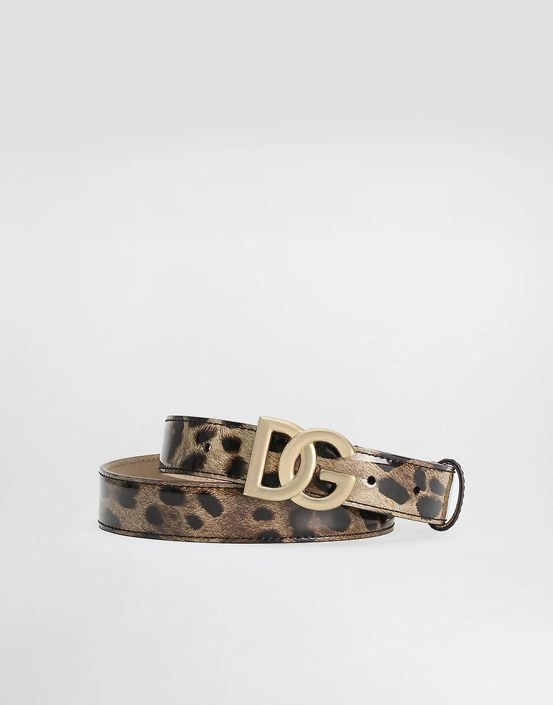 Leopard-print glossy calfskin belt with DG logo