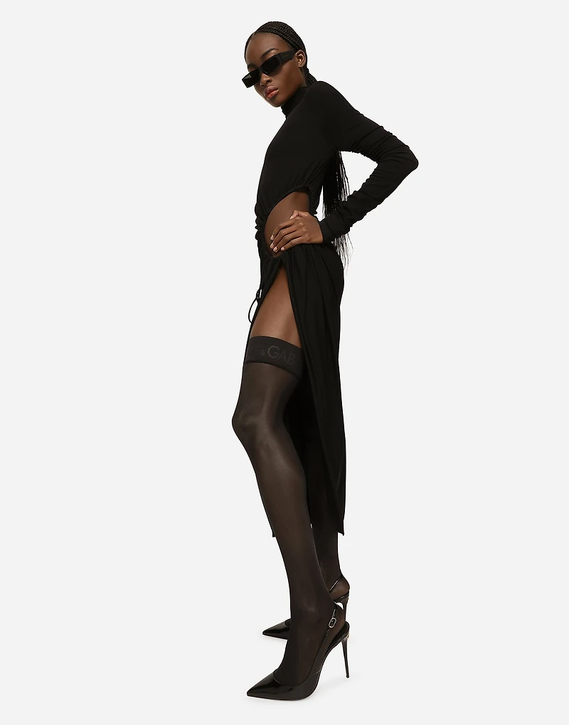 High-necked jersey calf-length dress with cut-out