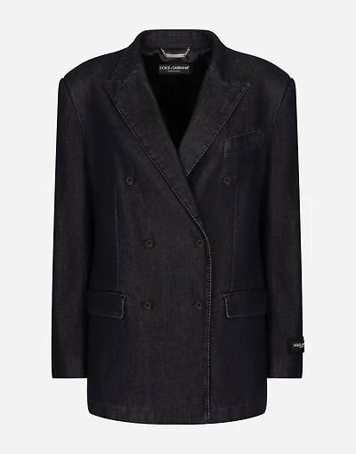 Double-breasted silk and cotton denim Taormina-fit jacket