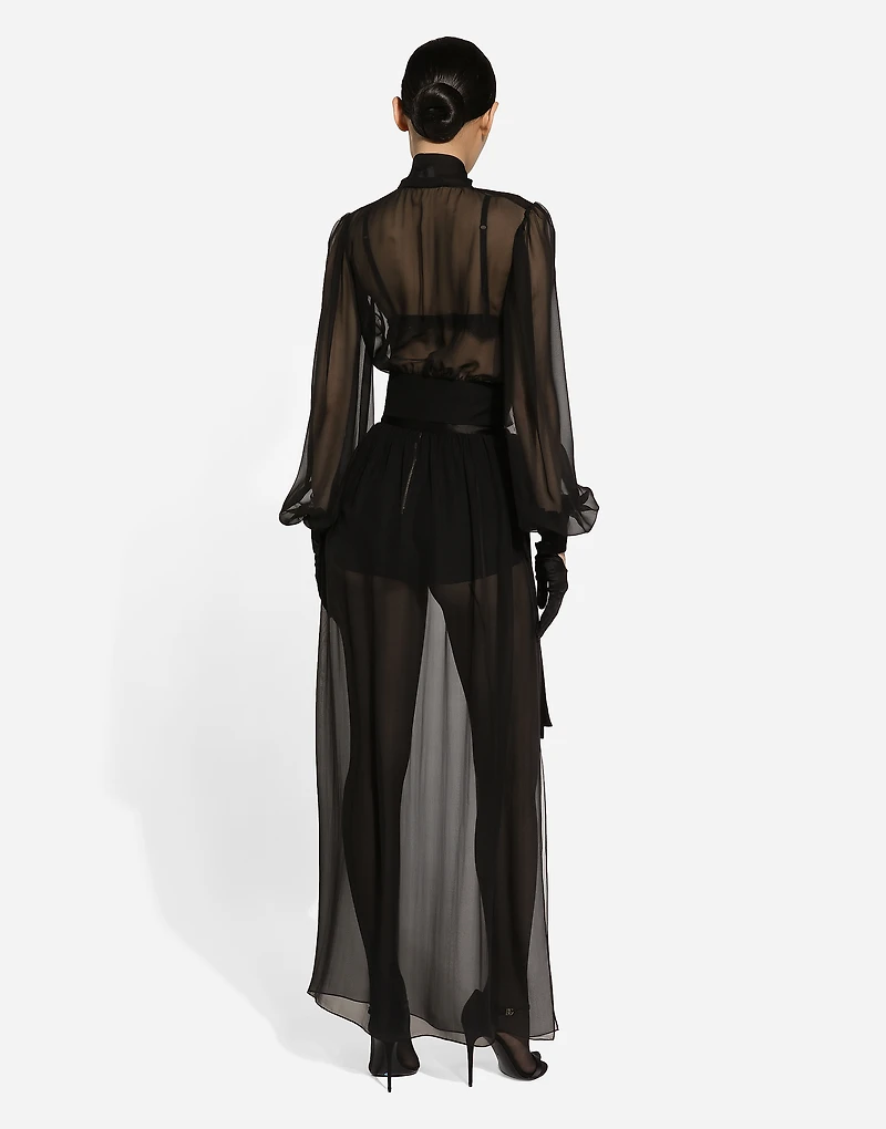 Short silk chiffon pussy-bow blouse