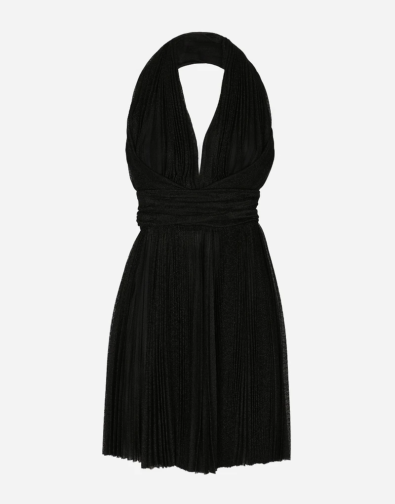Short pleated lurex mesh dress