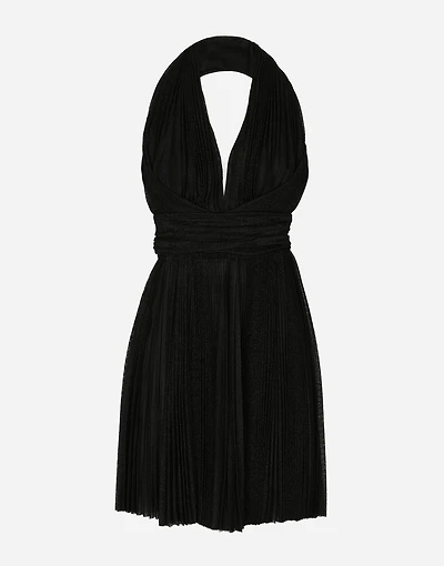Short pleated lurex mesh dress