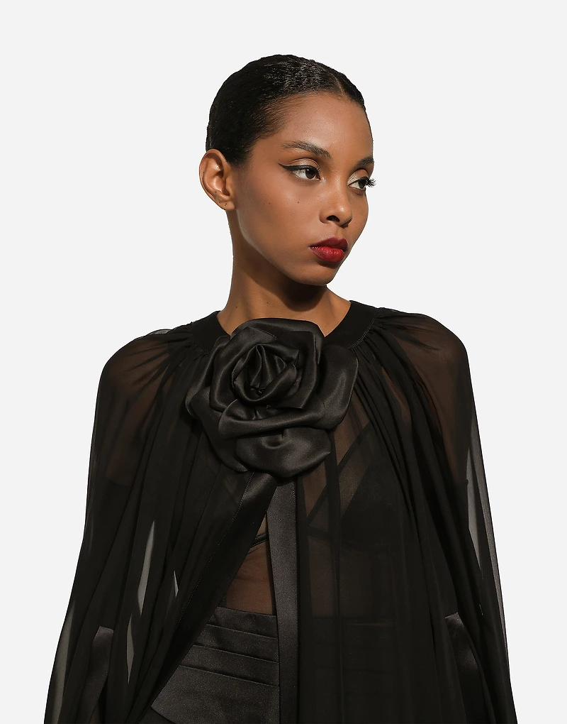 Silk chiffon cape with flower appliqué