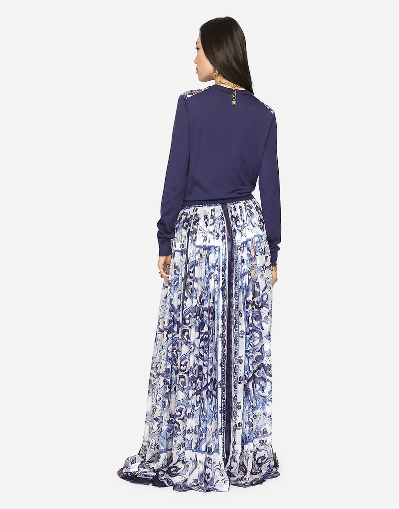 Long majolica-print chiffon skirt