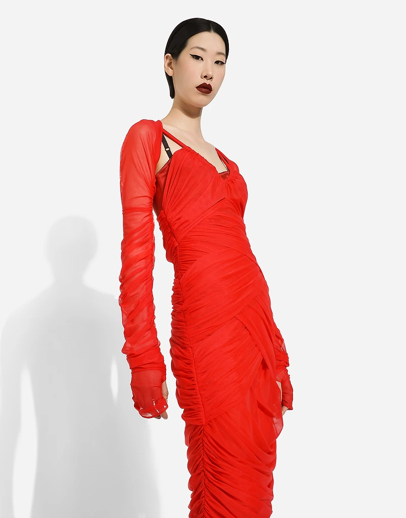 Tulle draped calf-length dress