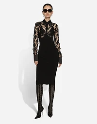 Calf-length jersey and lace dress with corset details
