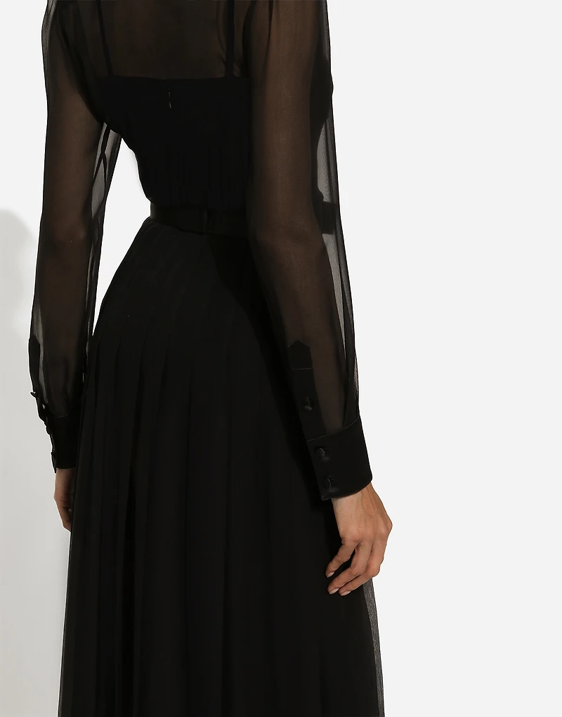 Chiffon calf-length shirt dress with satin details