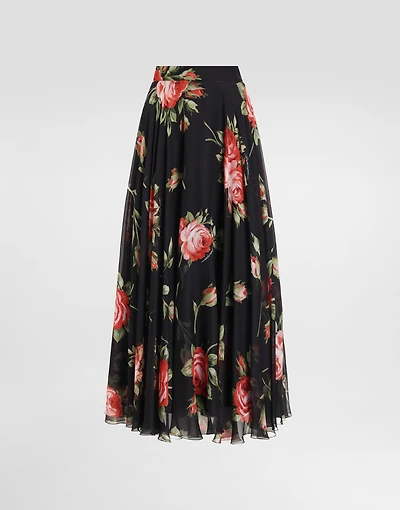 Rose bouquet-print chiffon circle skirt