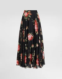 Rose bouquet-print chiffon circle skirt