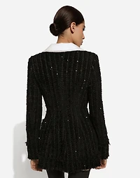 Tweed jacket with micro-sequin embellishment and satin collar