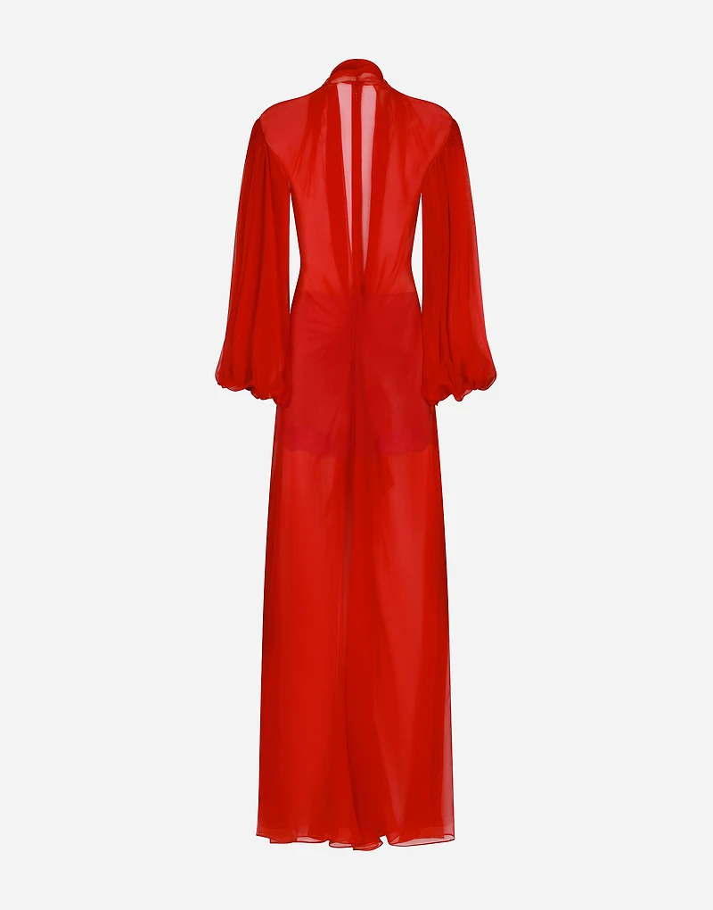 Long silk chiffon dress with bow detail