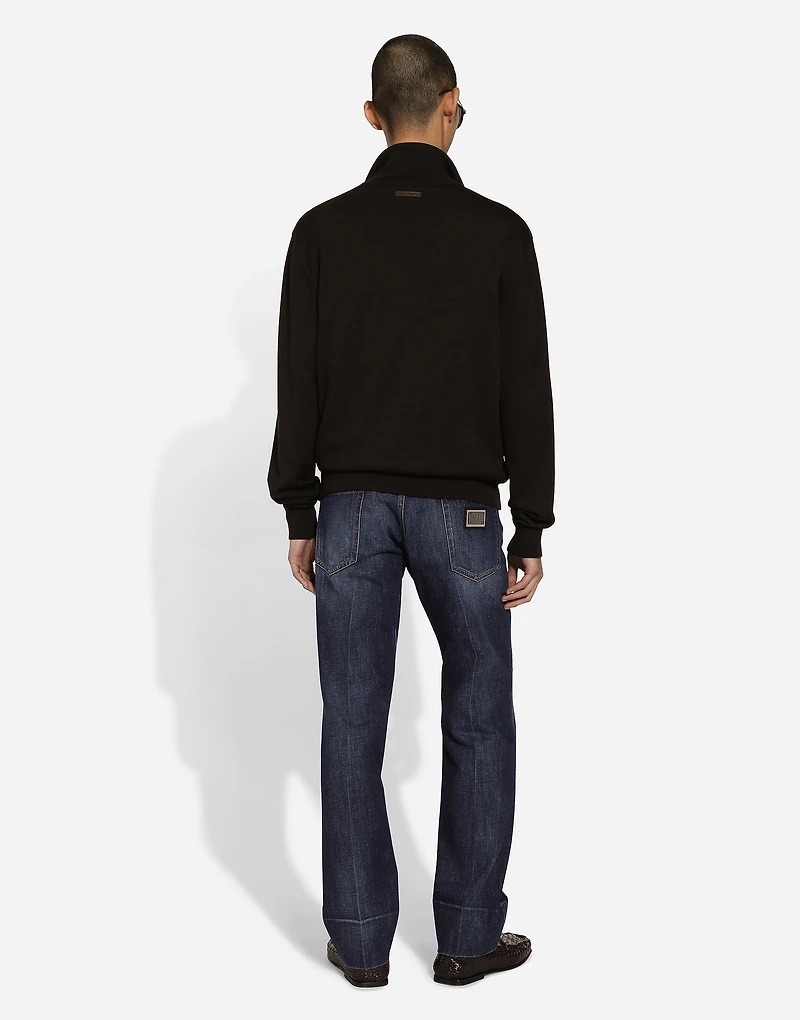 High-necked leather and wool jacket