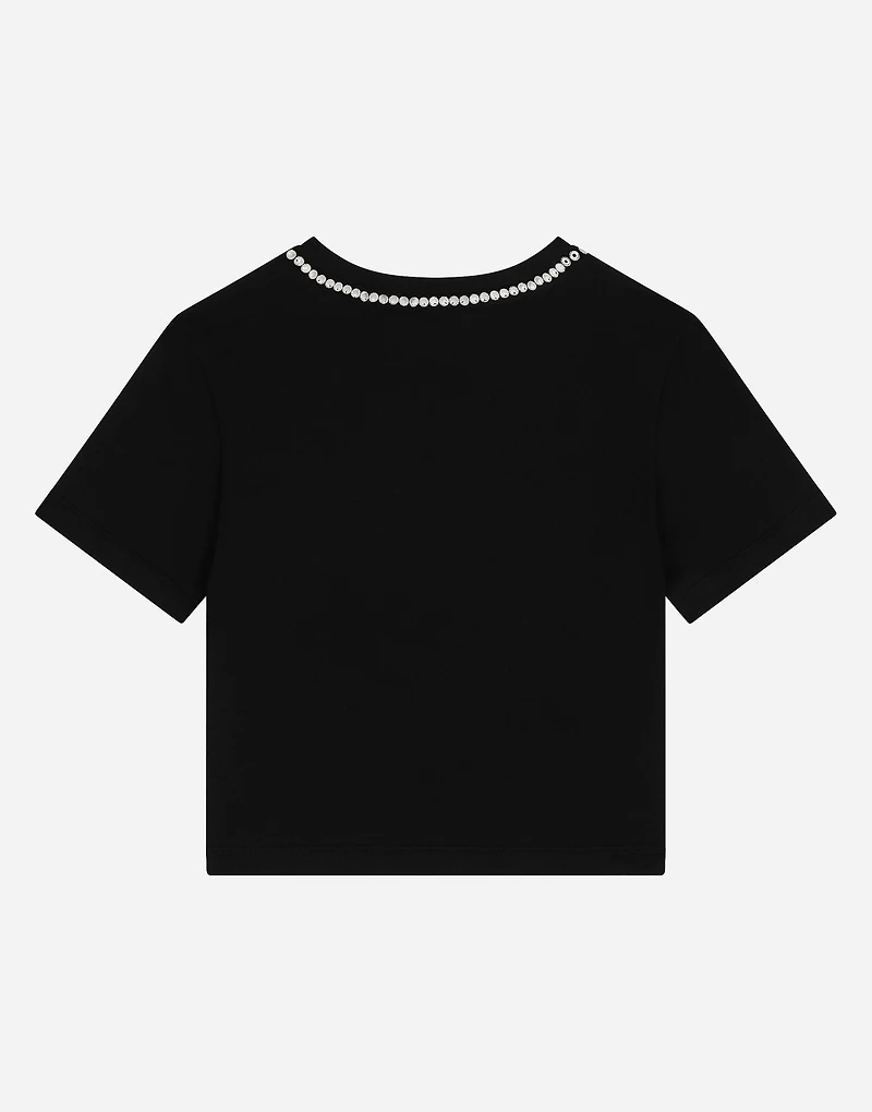 Short-sleeved jersey T-shirt with rhinestones