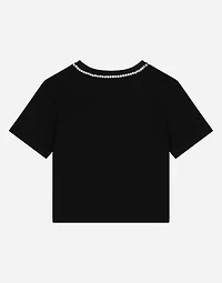 Short-sleeved jersey T-shirt with rhinestones