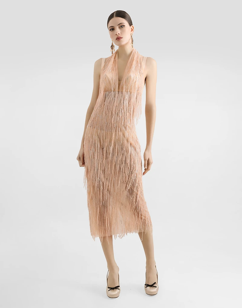 Calf-length dress with sequined fringe embellishment