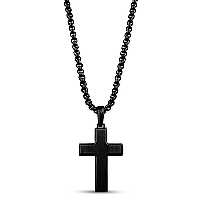 Black Stainless Steel Beveled Cross Pendant Necklace – 24