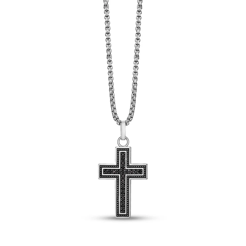 Pendentif Croix Noir en Acier Inoxydable Serti de Pierres Avec Chaîne - 24
