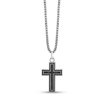 Pendentif Croix Noir en Acier Inoxydable Serti de Pierres Avec Chaîne - 24