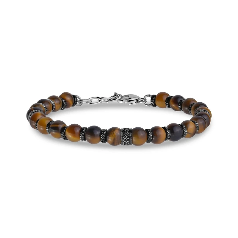 Bracelet à Billes Oeil de Tigre en Acier Inoxydable Brun - 8.5