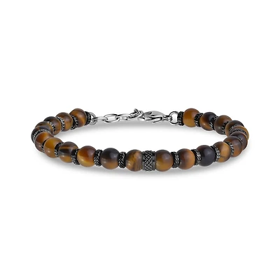 Bracelet à Billes Oeil de Tigre en Acier Inoxydable Brun - 8.5