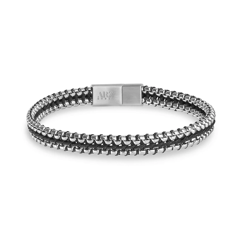 Bracelet à Cordon Noir et Boîte Ronde en Acier Inoxydable - 8.5