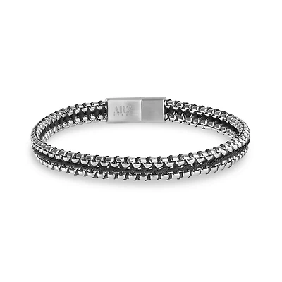 Bracelet à Cordon Noir et Boîte Ronde en Acier Inoxydable - 8.5
