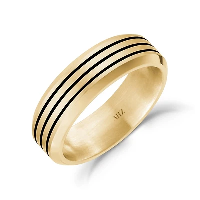 Gold Tone Stainless Steel 6mm Beveled Triple Line Ring. Color: yellow | Doucet Latendresse
