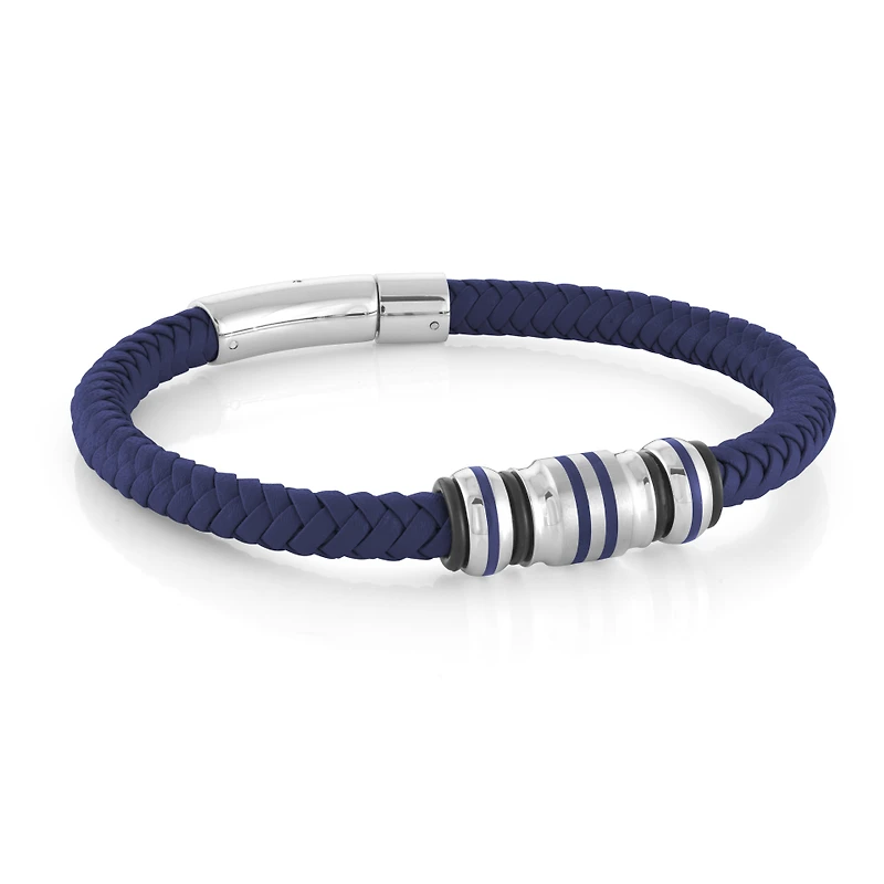 Bracelet en Cuir Bleu Tressé avec Fermoir en Acier Inoxydable - 8.25