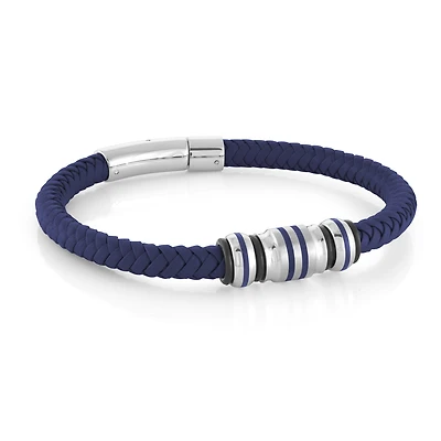 Bracelet en Cuir Bleu Tressé avec Fermoir en Acier Inoxydable - 8.25