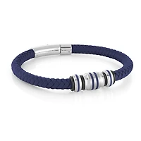 Bracelet en Cuir Bleu Tressé avec Fermoir en Acier Inoxydable - 8.25