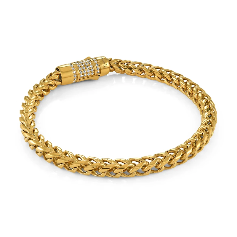 Gold Tone Stainless Steel 6mm Round Franco Bracelet with Cubic Zirconia - 8.5
