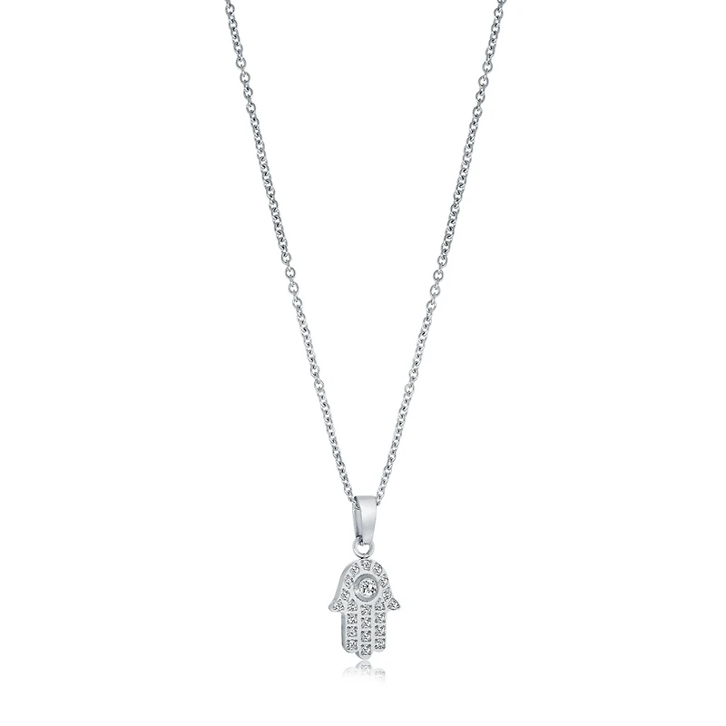 Hamsa Stainless Steel Set with Cubic Zirconia Pendant Necklace - 16