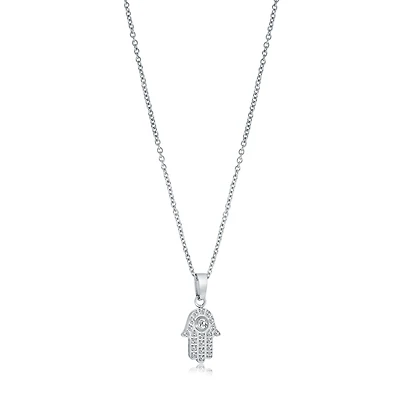 Hamsa Stainless Steel Set with Cubic Zirconia Pendant Necklace - 16