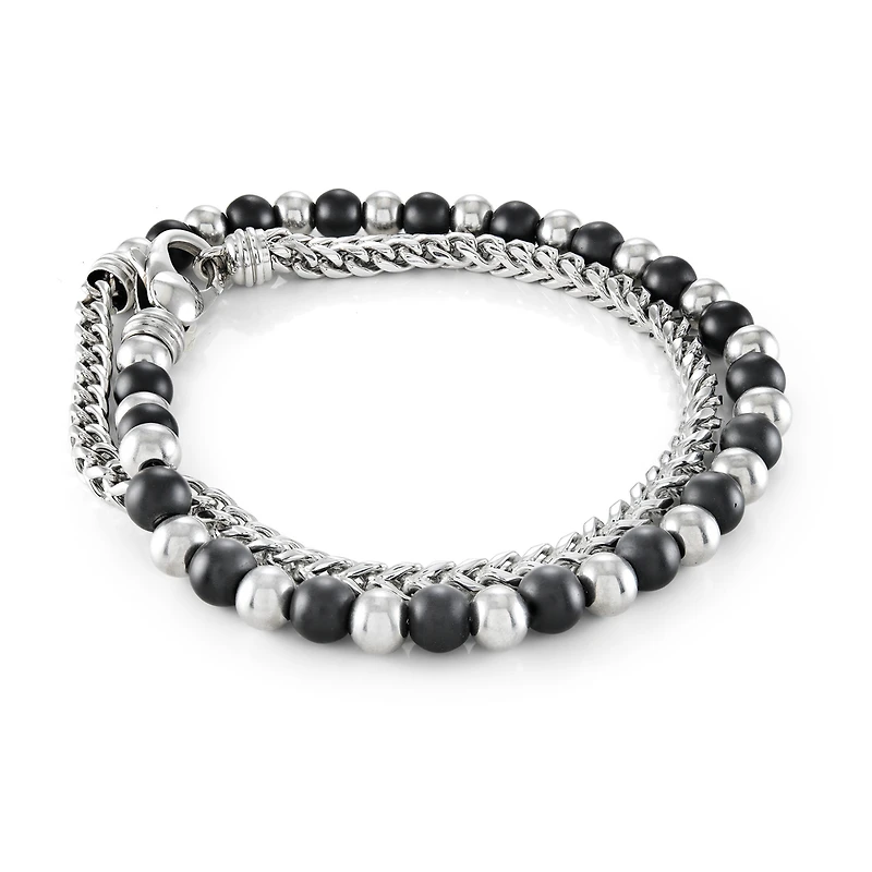 Bracelet double tour  enroulé en acier inoxydable 4 mm, Franco 6 mm, boules 6 mm, lave 15 pouces. Color: 2 tons | Doucet Latendresse