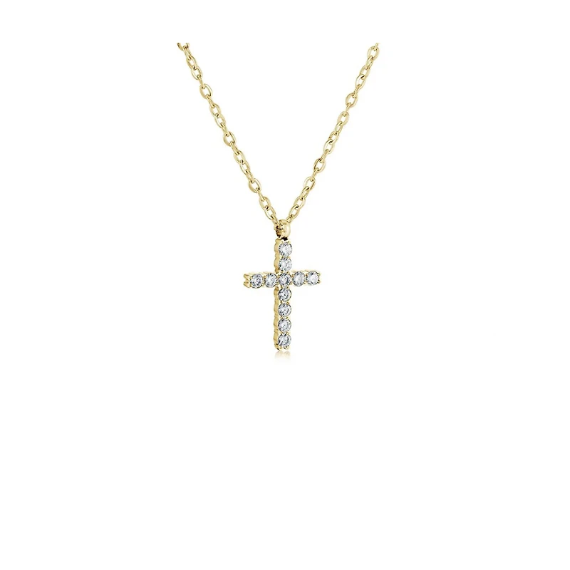 Pendentif Croix en Acier Inoxydable Doré avec Zircon Cubique et Chaine - 16