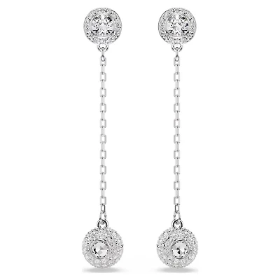 Rhodium Plated Earrings with Hanging Round Crystal. Color: white | Doucet Latendresse
