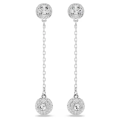 Rhodium Plated Earrings with Hanging Round Crystal. Color: white | Doucet Latendresse