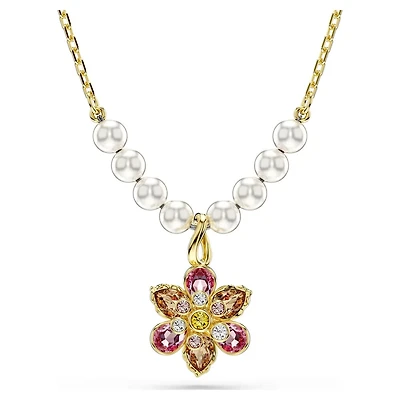 Gold Plated Flower Pendent with Crystal Pearl and Chain - 17