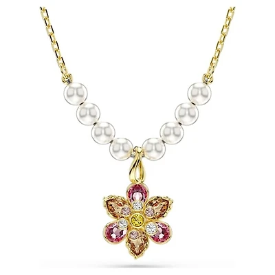Gold Plated Flower Pendent with Crystal Pearl and Chain - 17
