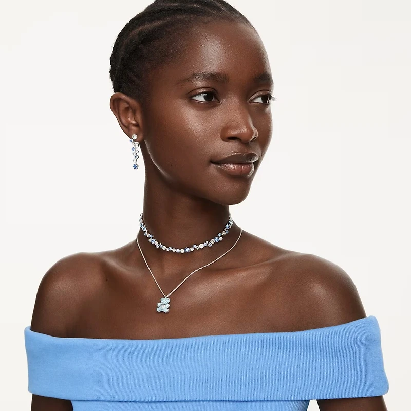 Rhodium Plated Necklace with White and Blue Crystals in Mixed Cuts - 17