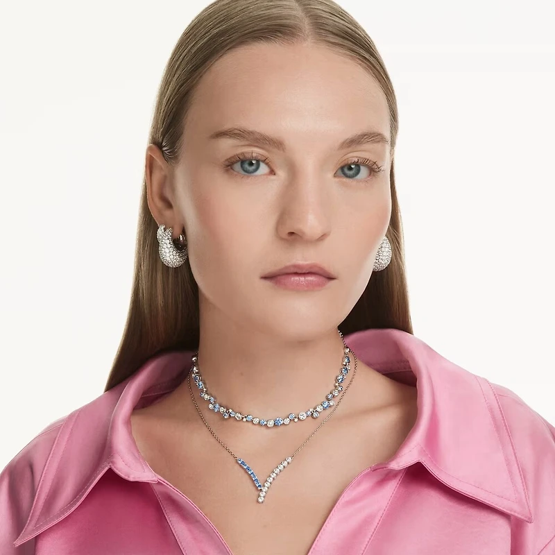 Collier Métal Rhodié avec Crystaux Blanc et Bleu avec Coupes Variées - 17
